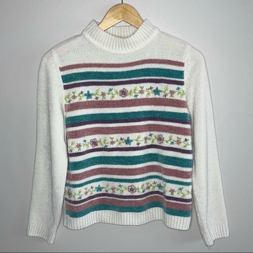 Alfred Dunner Cream Striped Floral Turtleneck Sweater